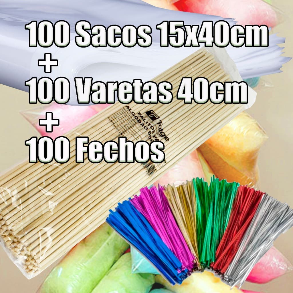 100 KITS SACO 15X40CM + VARETA 40CM BAMBU + 100 FECHO METALIZADO
