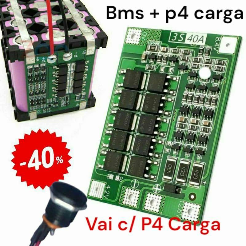 Bms 12 volts 3 s balanceada 40 A e plug P4 montagem pack Som parafusadeira