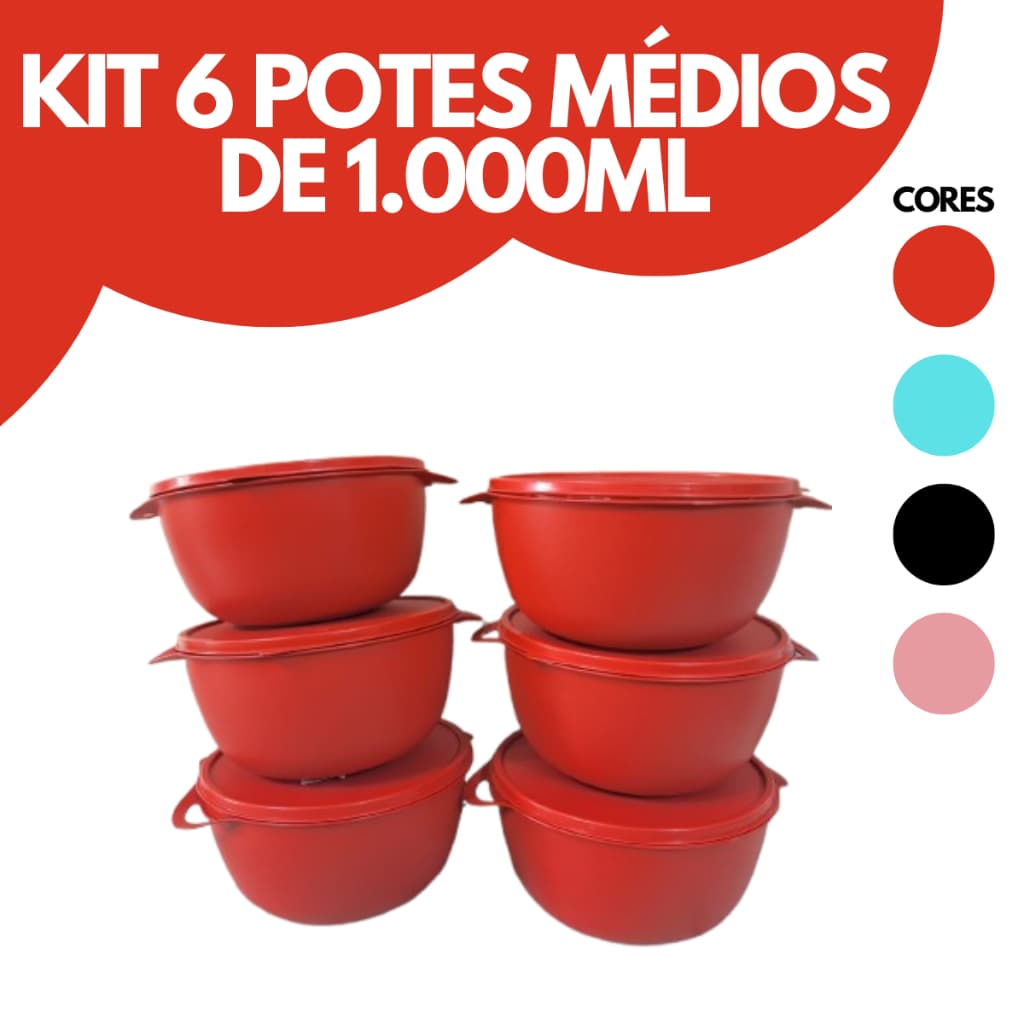 Kit Completo 6 Bowls Médios 1000ML – Potes Plásticos Reutilizáveis Sem BPA Freezer Micro-ondas Medio