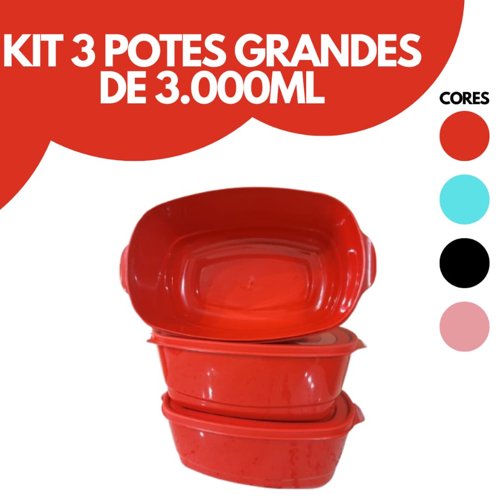 Kit 3 Potes Retangular Grandes de 3000 ML Premium Free BPA Frezeer e Micro-Ondas Pote Grande