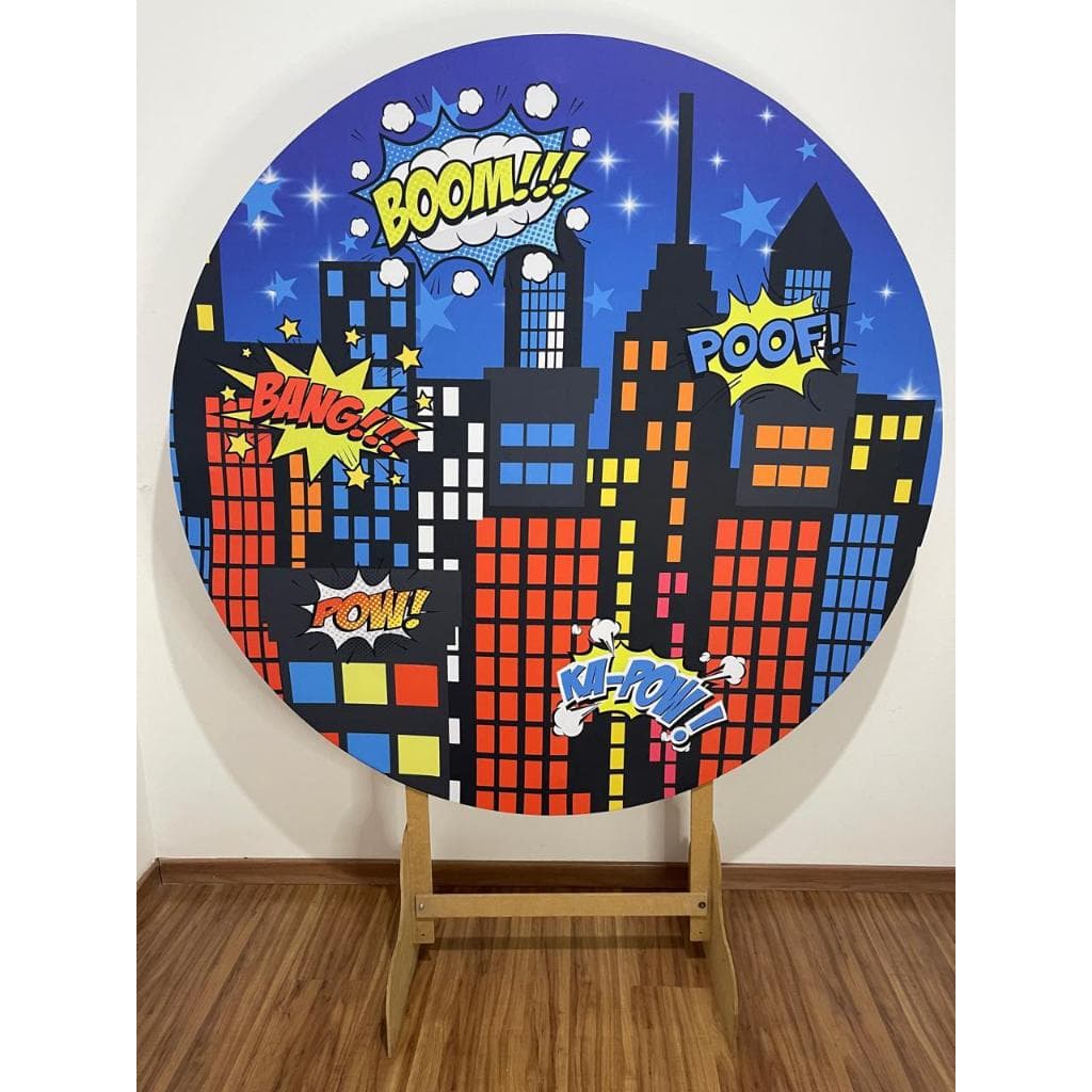 Capa para painel de Festa Redondo 1,50 mts Malha Sublimado herois prédios boom bang pow