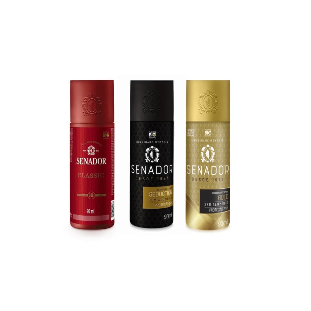 Kit 3 Desodorante Sem Aluminio Senador Classic  - Gold -  Seduction 90ml