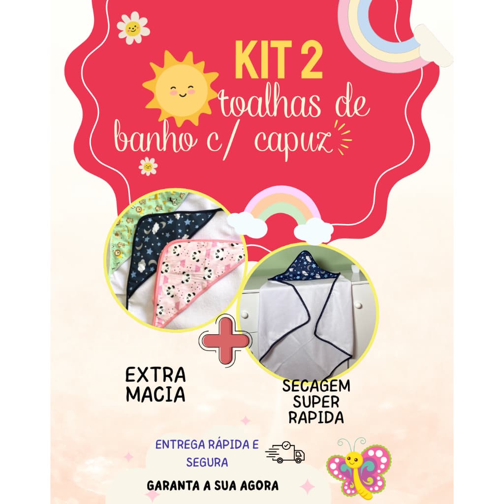 KIT 2 Toalhas de banho com Capuz para Bebê – Algodão macio