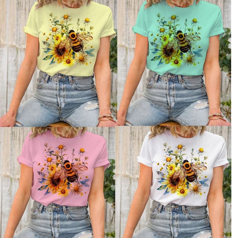 blusa ferminina t shirt abelha flores moda casual básica delicada, blusinha dia a dia verão plus size