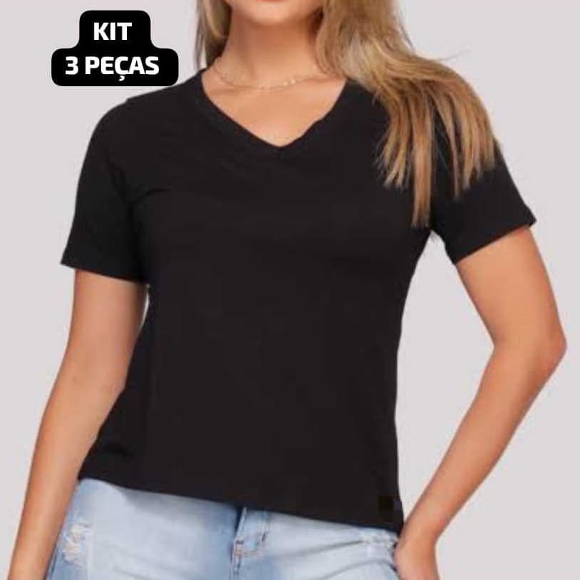 KIT 3 CAMISETAS T-SHIRT BABY LOOK 100% ALGODÃO GOLA V FEMININA BÁSICA LISA