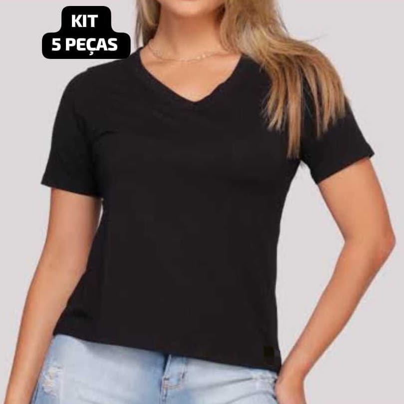 KIT 5 CAMISETAS T-SHIRT BABY LOOK 100% ALGODÃO GOLA V FEMININA BÁSICA LISA