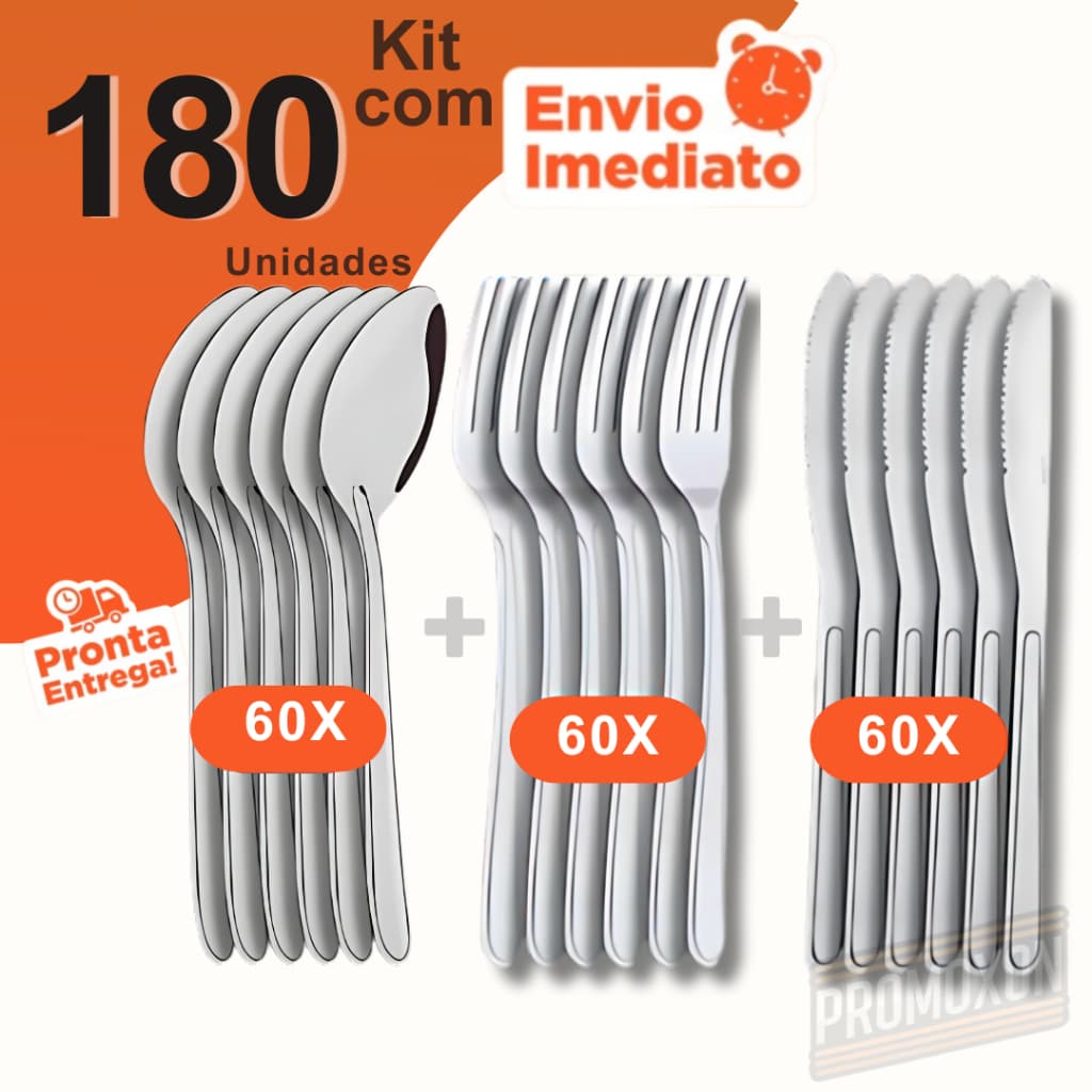 Kit 180 Talheres Garfos Facas e Colheres de Aço Inox para Almoço Jantar Refeição para Bar Restaurantes e Uso Diário