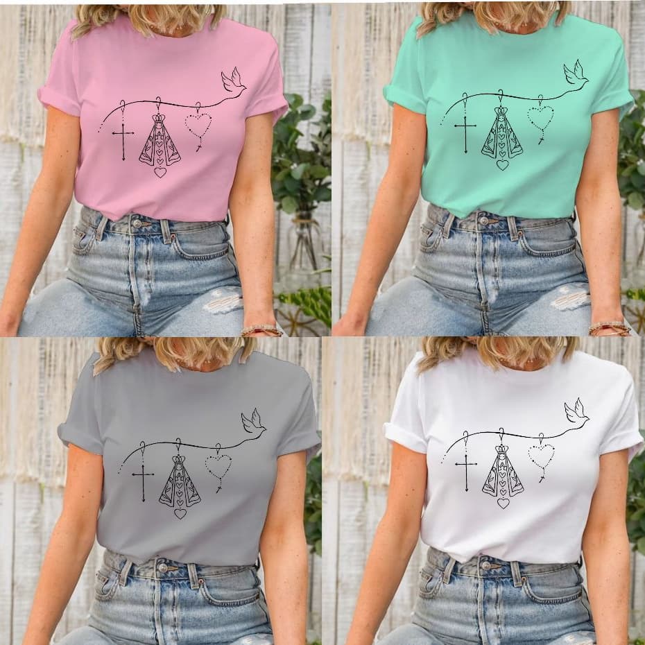 blusa t shirt feminina nossa senhora aparecida espirito santo, blusinha delicada católica maria plus size