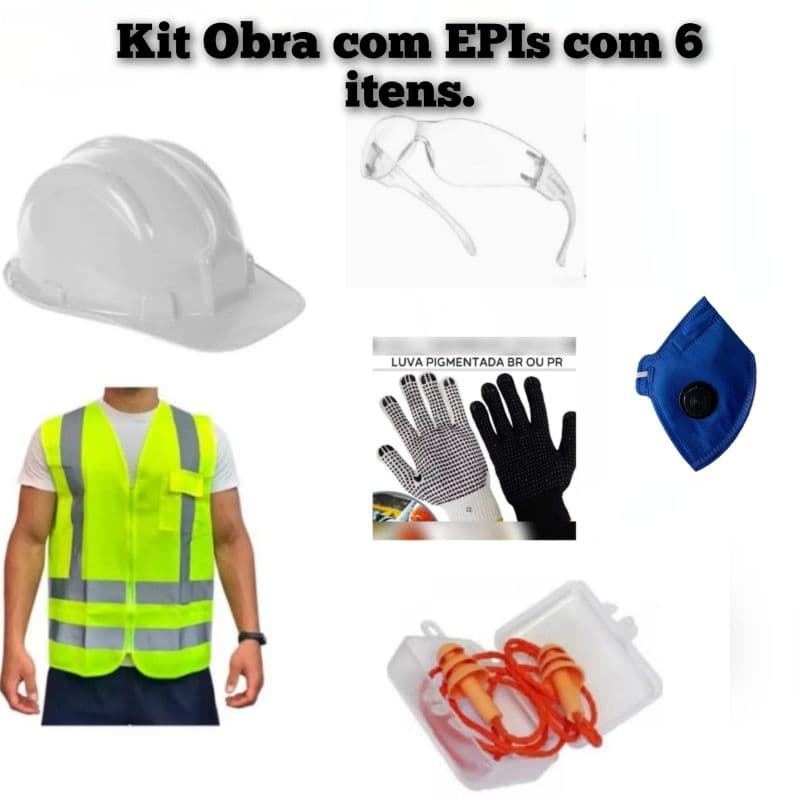 Kit Obra de EPIs com 6 Itens: Capacete, luvas, óculos, protetor auricular, Colete Refletivo e Máscara N95..