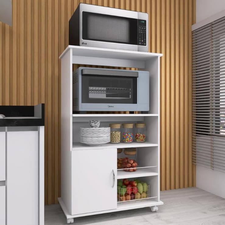 Gabinete Fruteira Balcão Multiuso com Suporte para Microondas e Rodinhas Forno
