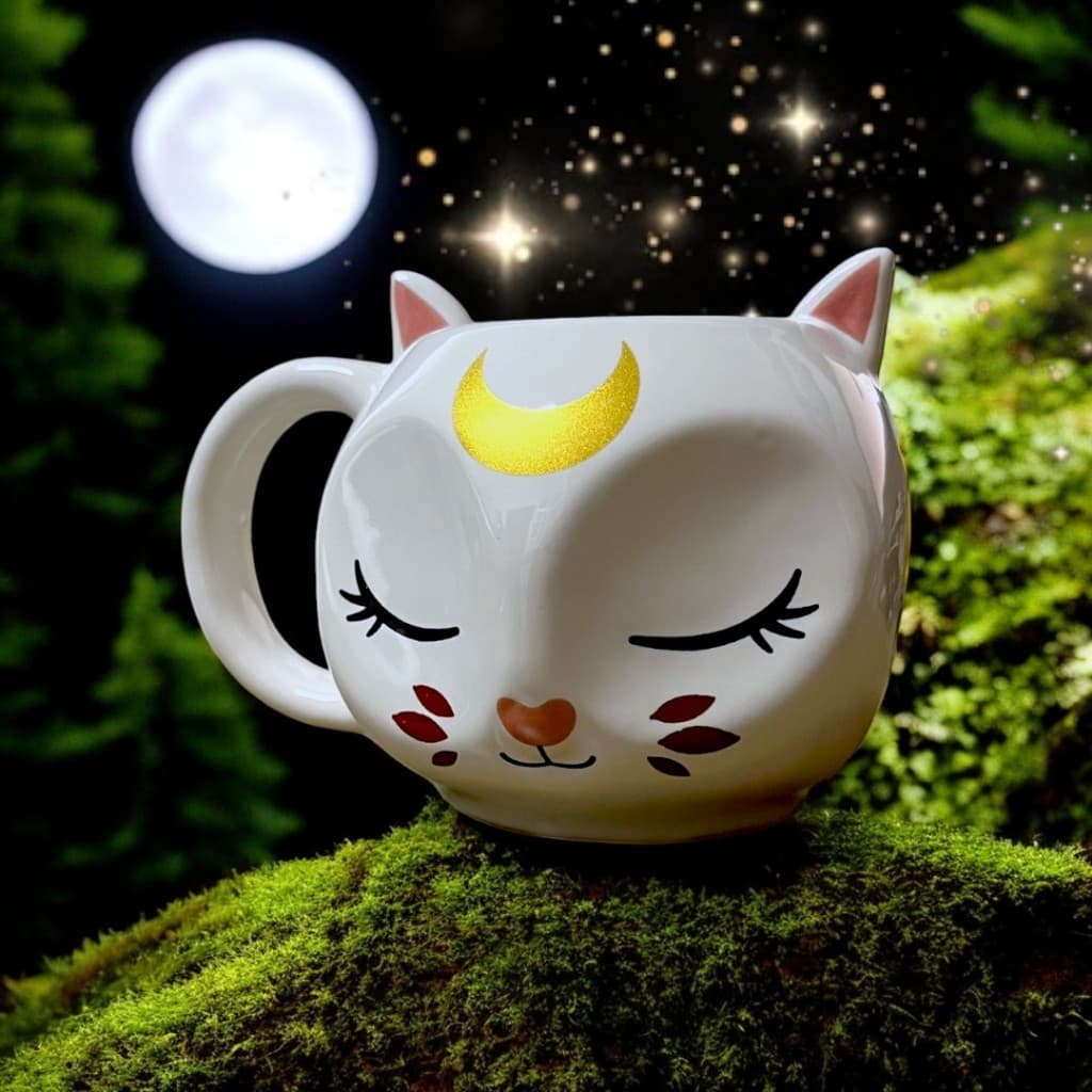 Caneca Decoração Gato Lua Selene Enfeite Cerâmica 300 ml