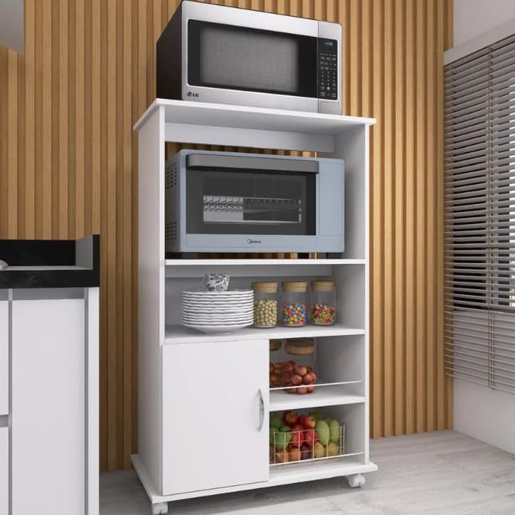 Balcão Organizador Fruteira Multiuso com Gabinete Forno Suporte para Microondas com Rodinhas