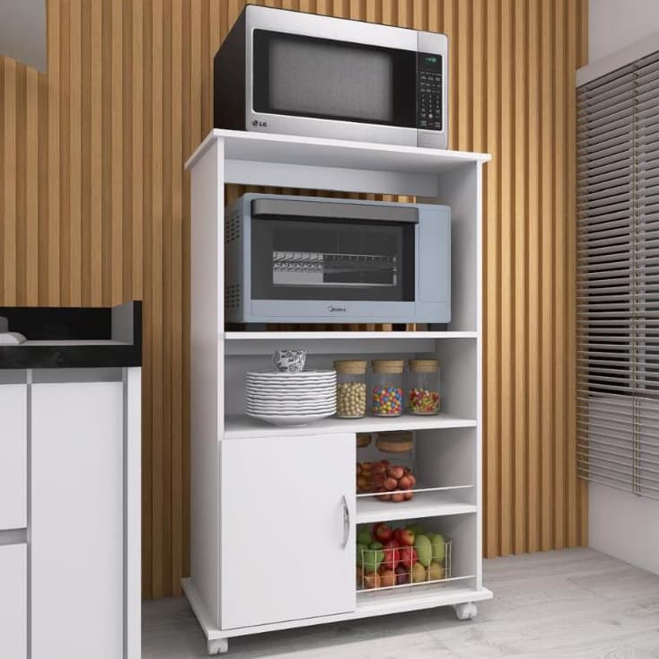 Gabinete Fruteira Balcão Multiuso com Suporte para Microondas e Rodinhas Forno