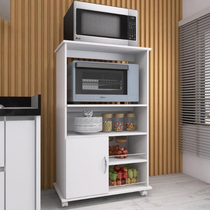 Armário Fruteira Forno com Suporte para Microondas e Balcão Multiuso com Rodinhas