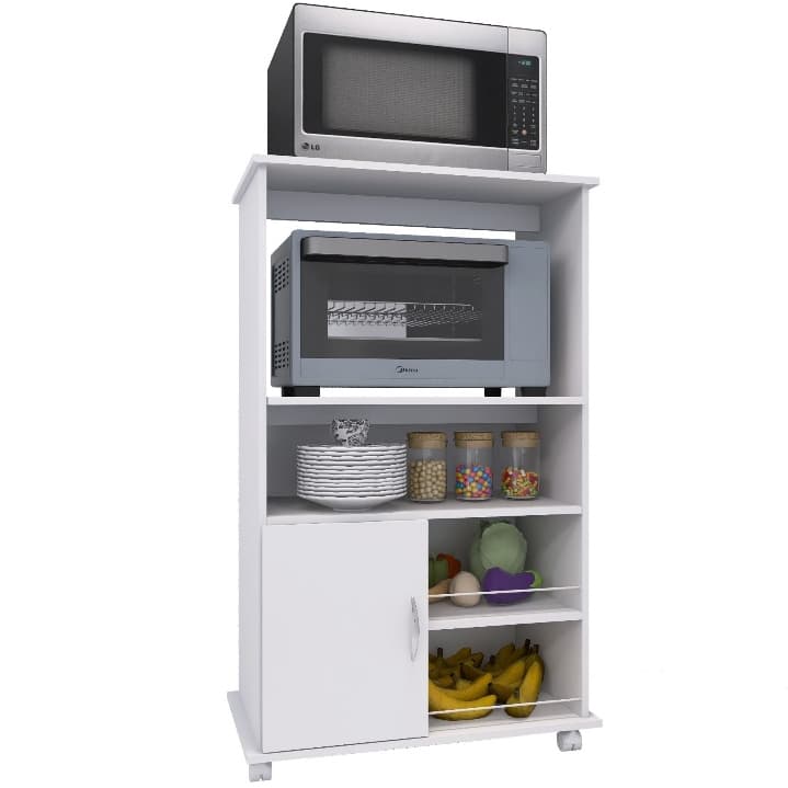 Balcão Multiuso com Prateleiras e Suporte para Microondas Forno Com Rodinhas