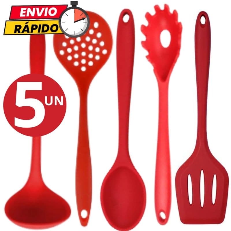 Kit 5 Utensílios Concha Escumadeira Colher de Arroz Pegador de Massa Espátula Vazada em Silicone Para Casa