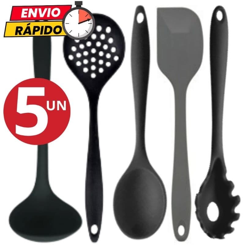 Kit 5 Utensílios Concha Escumadeira Colher de Arroz Pão Duro Pegador de Massa em Silicone Para Casa