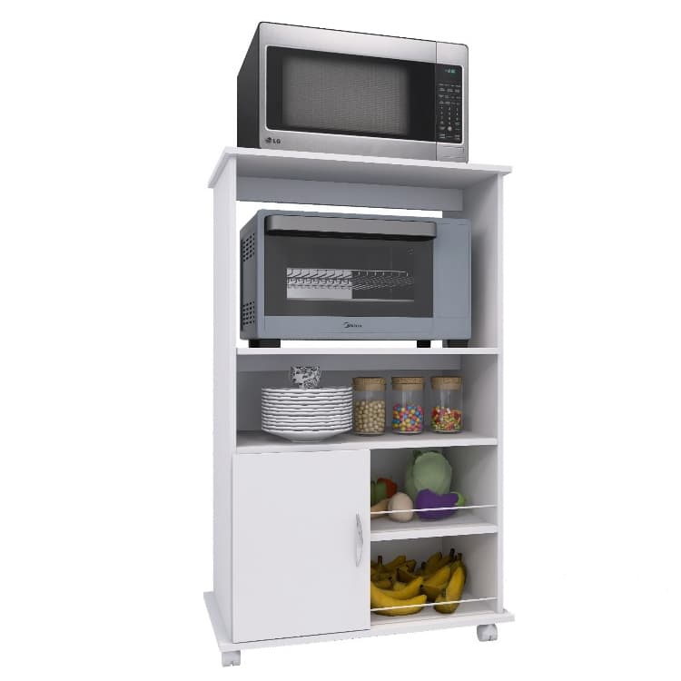 Balcão Multiuso com Prateleiras e Suporte para Microondas Forno Com Rodinhas