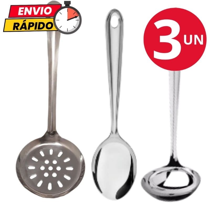 Kit Utensílios 3 Peças Escumadeira Colher de Arroz Concha em Aço Inox Material Premium Para Casa Cozinha Restaurante