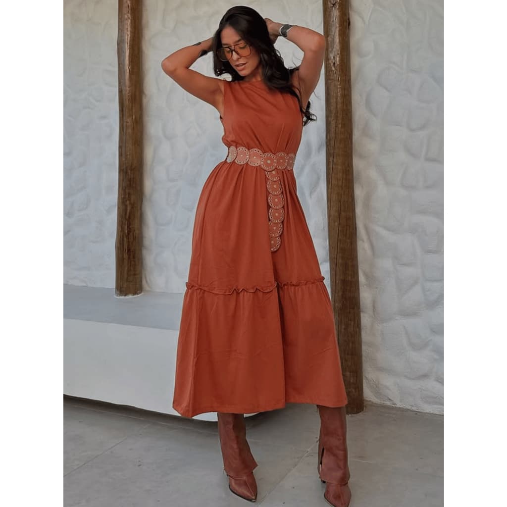 VESTIDO LONGO REGATA BOHO CHIC TERROSO MODA FEMININA ELEGANTE TECIDO ALGODAO CONFORTÁVEL