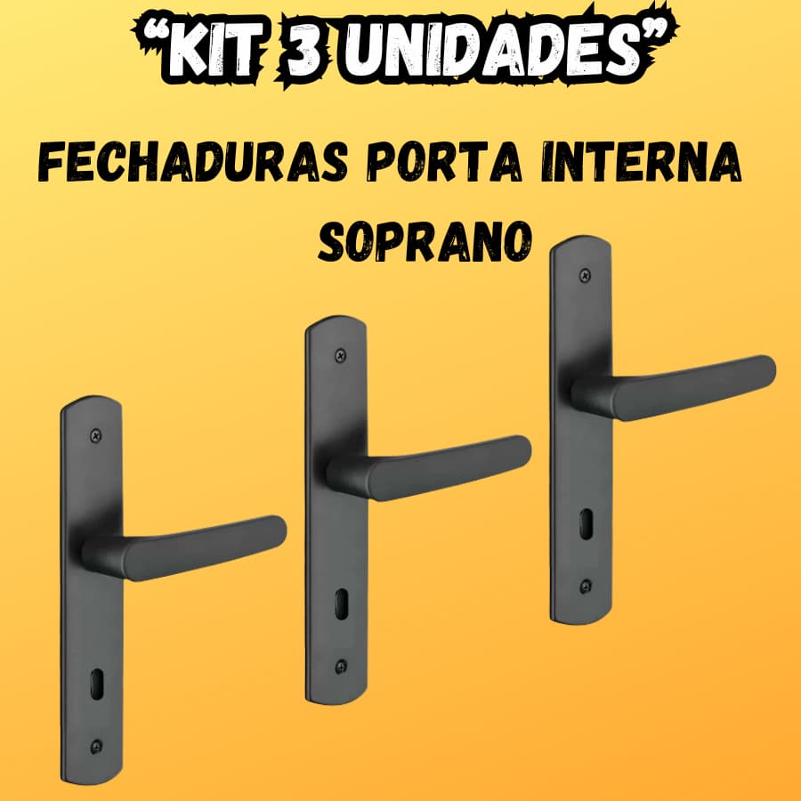 Kit 3 Fechaduras Ipanema Completa | Porta Interna Quarto | Preta | Máquina 40 | Anti Ferrugem | Soprano