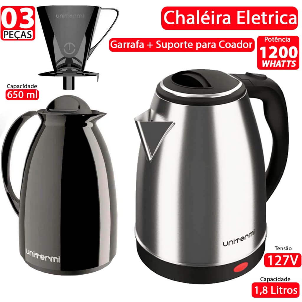 Kit 03 Peças Chaleira Eletrica de Inox Potencia 1200W -127V + Garrafa Florença + Suporte para Coador - chá e Café