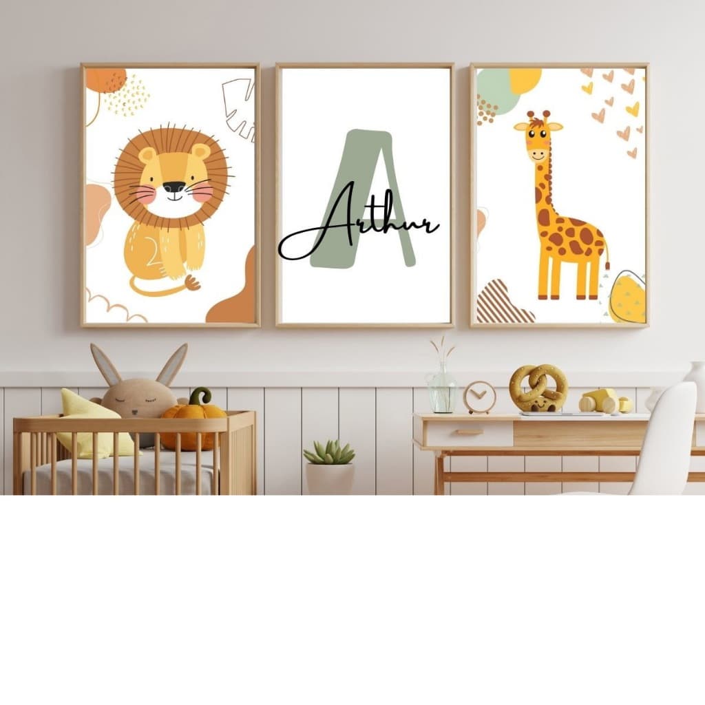 Quadro Animais Safari Personalizado Nome Bebe Leãozinho Girafa Infantil
