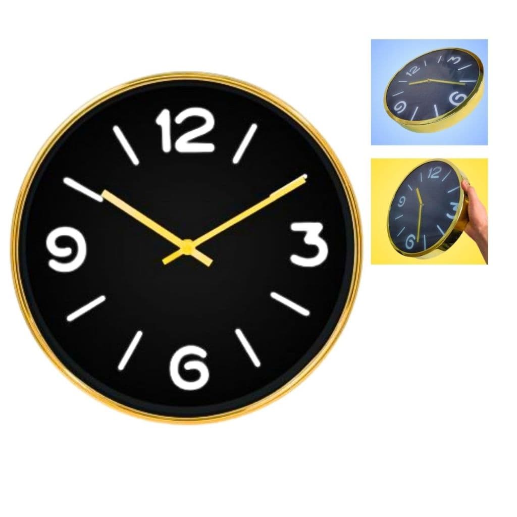 RELOGIO DE PAREDE ANALOGICO DOURADO E PRETO LUXO