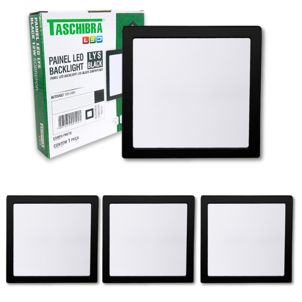 Kit 5 Painel de Led 18W Luminária Teto Sala Cozinha Quarto Preto Sobrepor Taschibra