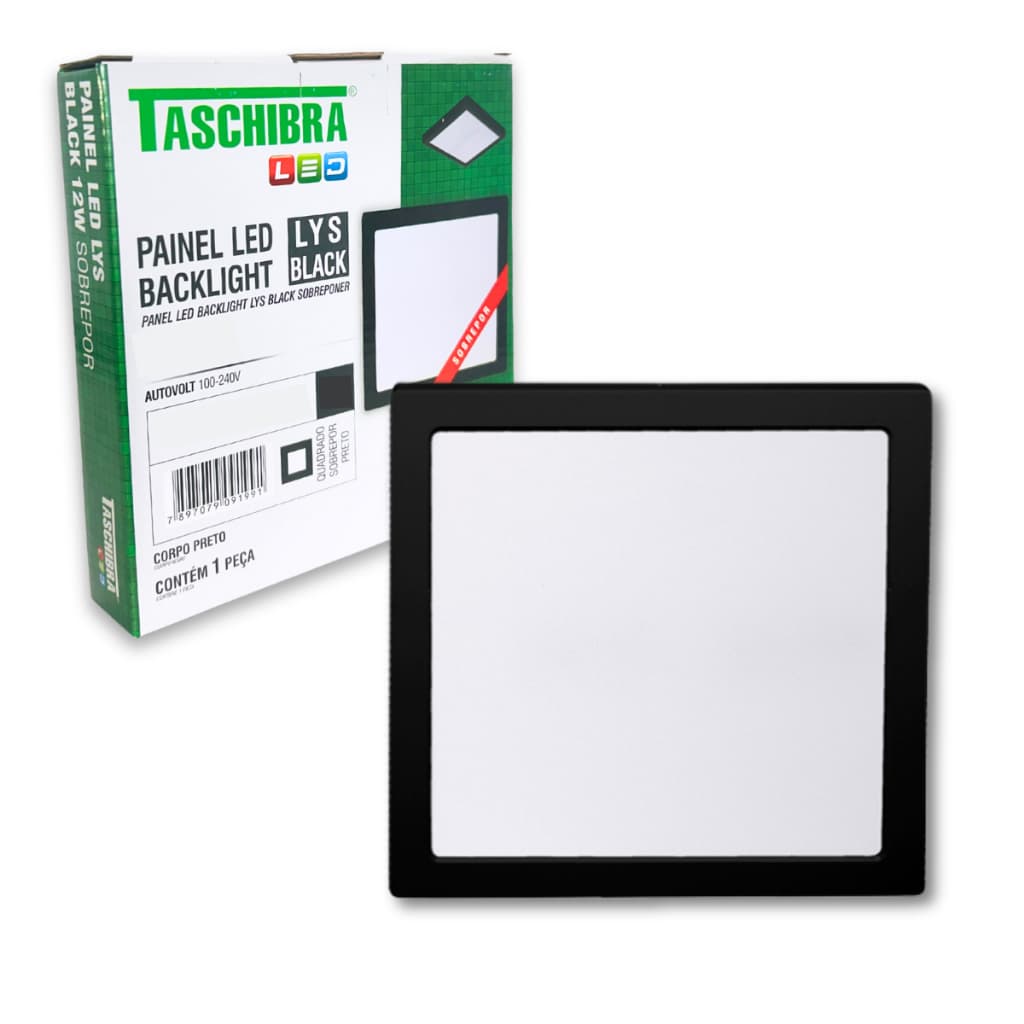 Painel de Led 18W Luminária Teto Sala Cozinha Quarto Preto Sobrepor Taschibra