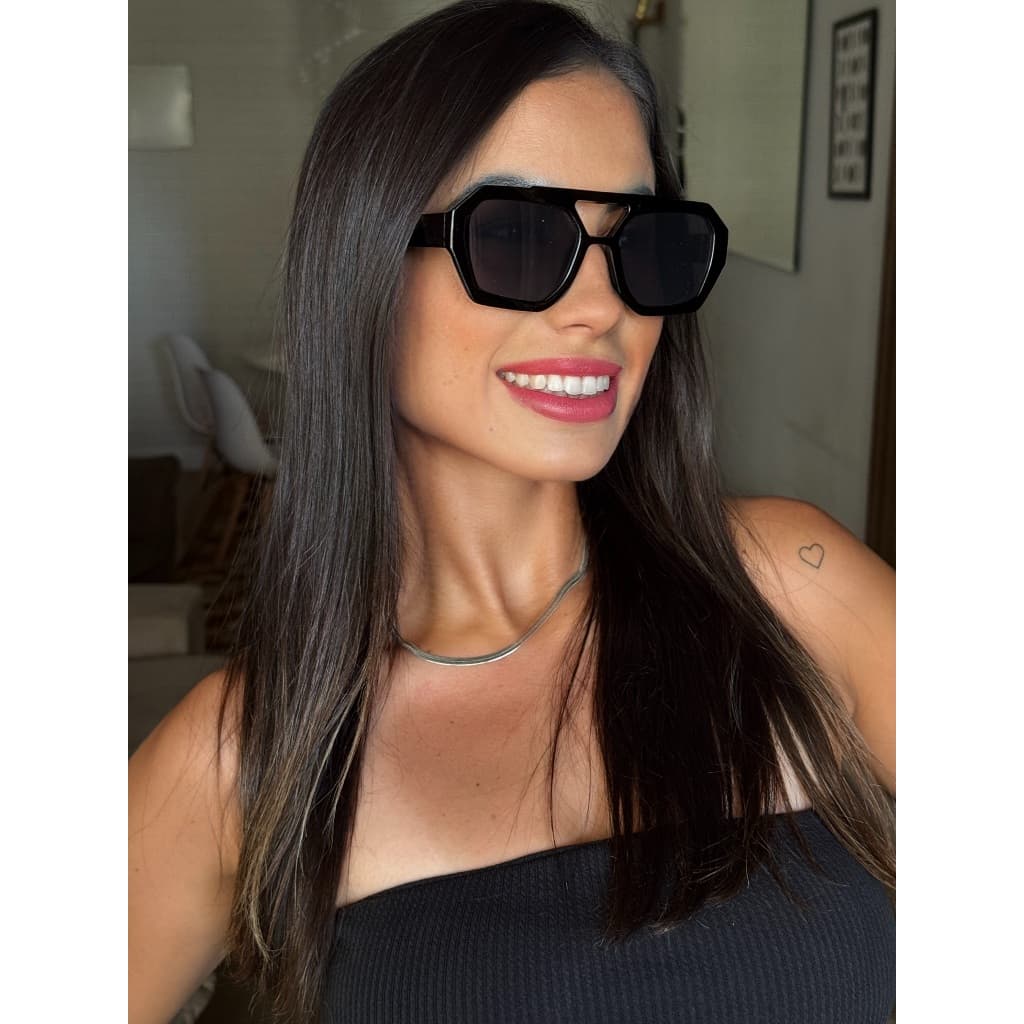 Oculos Novo de Sol Estiloso Grande Esportivo Casual Feminino Double Bridget Preto Modinha Seven