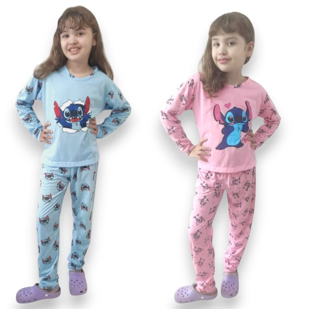 Kit 2 Pijamas Longo Infantil Feminino Estampado Manga Longa Inverno Personagens Stitch