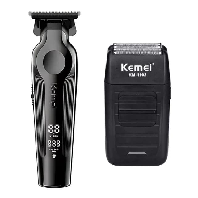 Kit 2 Máquinas de Acabamento Profissional Barbearia Kemei KM-264 Preto KM-1102 Shaver sem fio