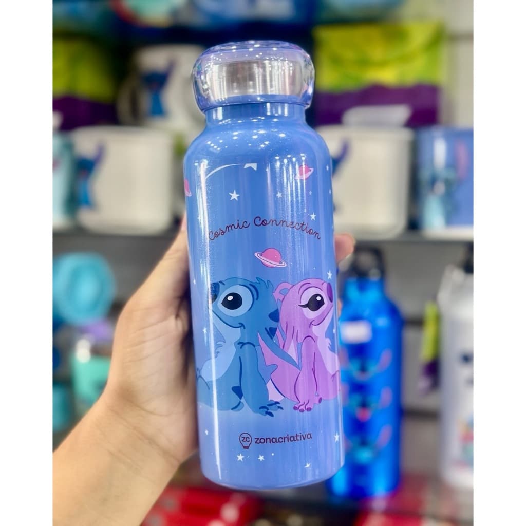 Garrafa Bubble Stitch Holográfica com Brilho 500ml Zona Criativa Disney