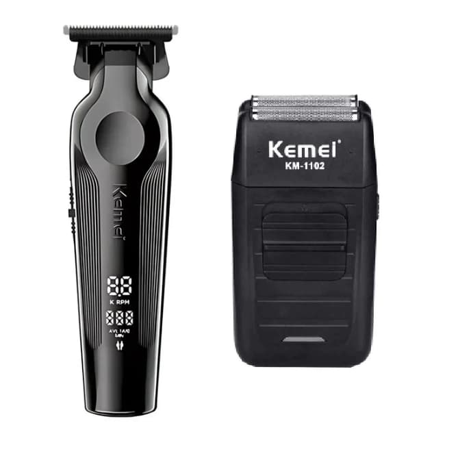 Kit 2 Máquinas de Acabamento Profissional Barbearia Kemei KM-264 Preto KM-1102 Shaver sem fio