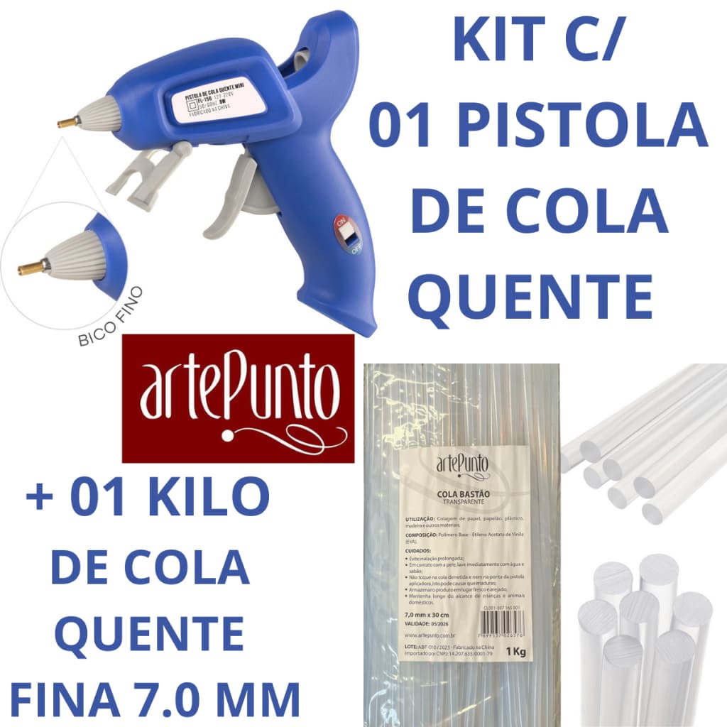KIT C/ 01 PISTOLA DE COLA QUENTE MINI BICO FINO +  01 KILO DE BASTÕES DE COLA 7.0 MM TRANSPARENTE (ARTEPUNTO)
