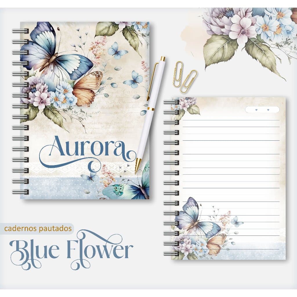 Caderno Pautado Floral Borboletas Personalizado com nome na capa A5 - 100 folhas