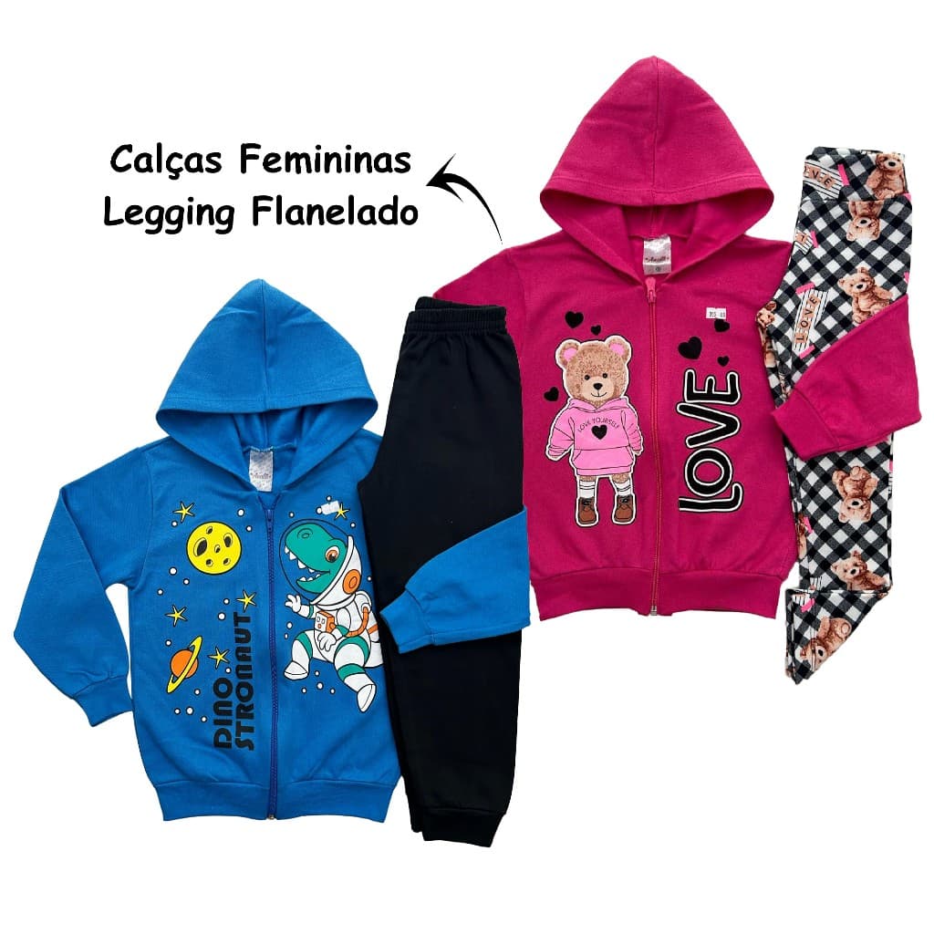 Conjunto de Frio Blusa Casaco Infantil Menina Menino com Ziper capuz Moletinho Peluciado Tamanho 1 2 3 4 6 8