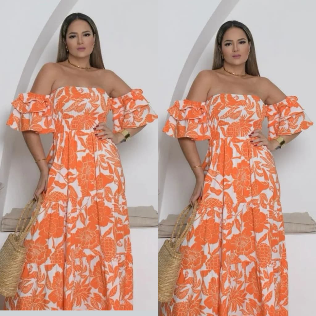Vestido Feminino tres Maria Longo Ombro a Ombro Tecido Crepinho Floreado De Novidades  De Vestidos