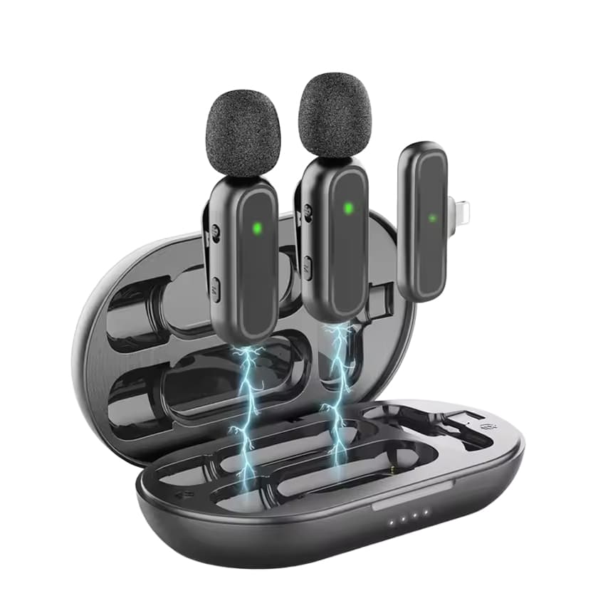 Microfone de lapela com dois microfones com caixa recarregavel sem fio duplo Tipo C MK08/09