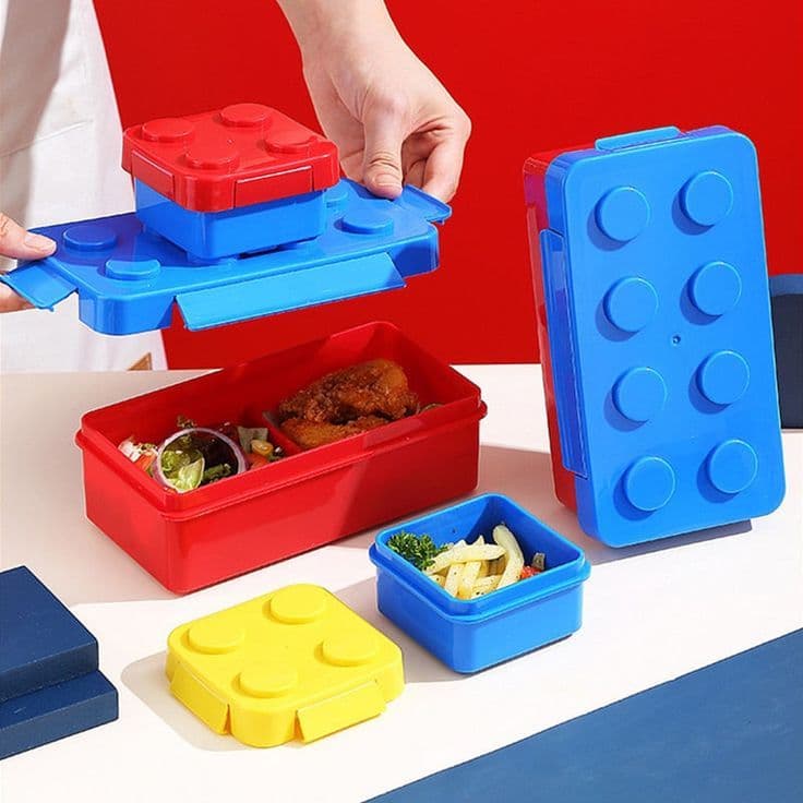 Lancheira Marmita 4 Peças Divertida Em Formato Blocos Lego Infantil