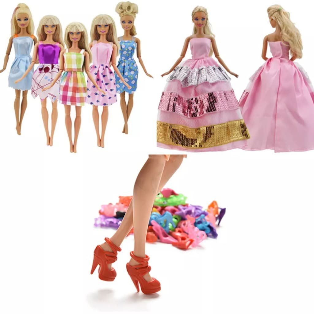 Kit P/ Bonecas Roupas E Acessórios Sapatos Vestidos Longos