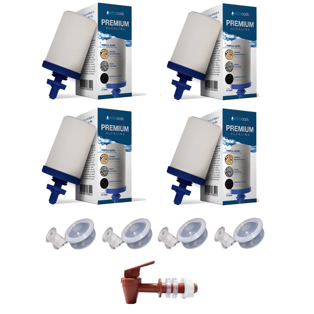 Kit 4 Velas Tripla Ação Prata Carvão + 4 Boias + 1 Torneira Marrom Filtro De Barro Bebedouro Água