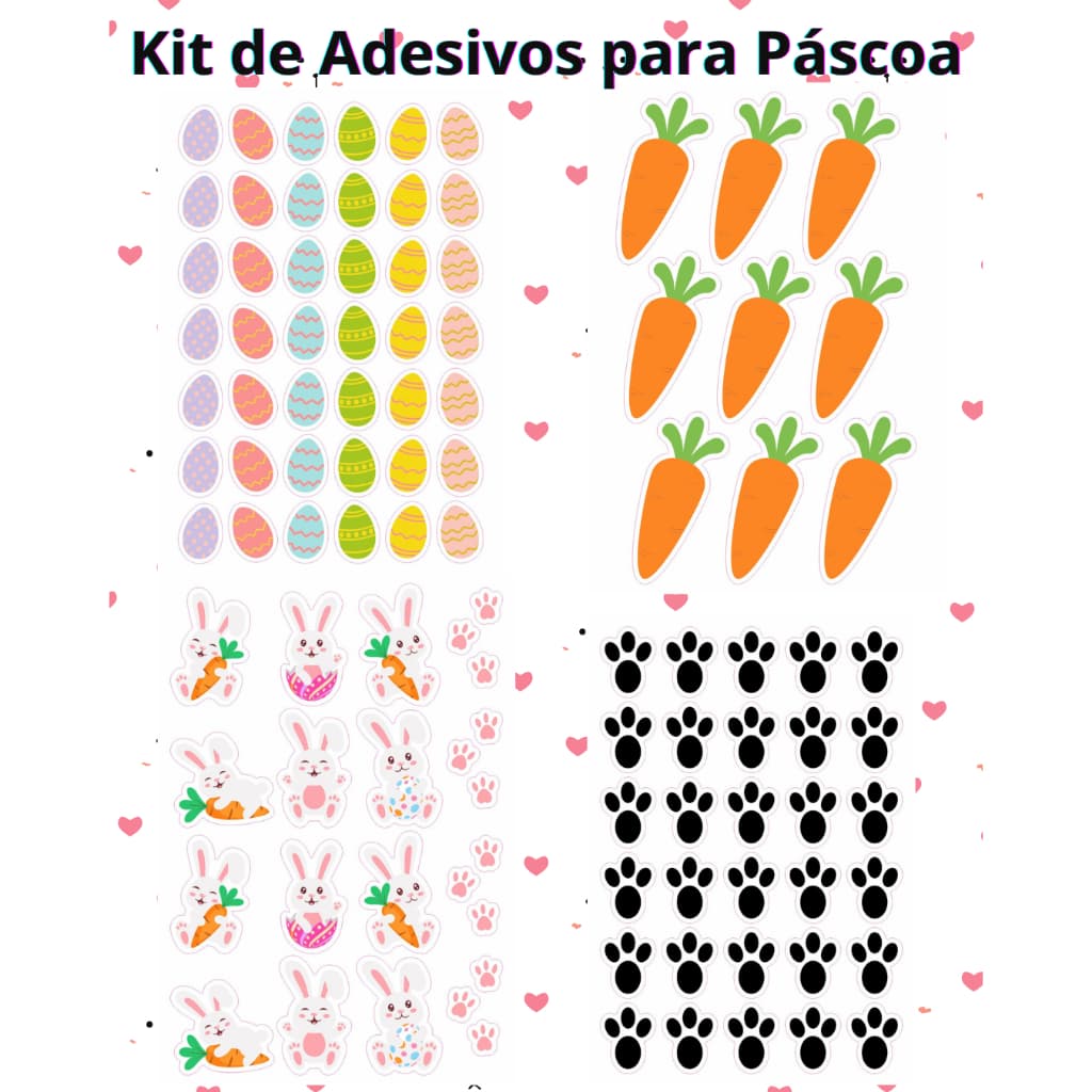Kit de Adesivos da Páscoa Coelhos Cenouras Ovinhos Patinhas Decoração Caça Ovos