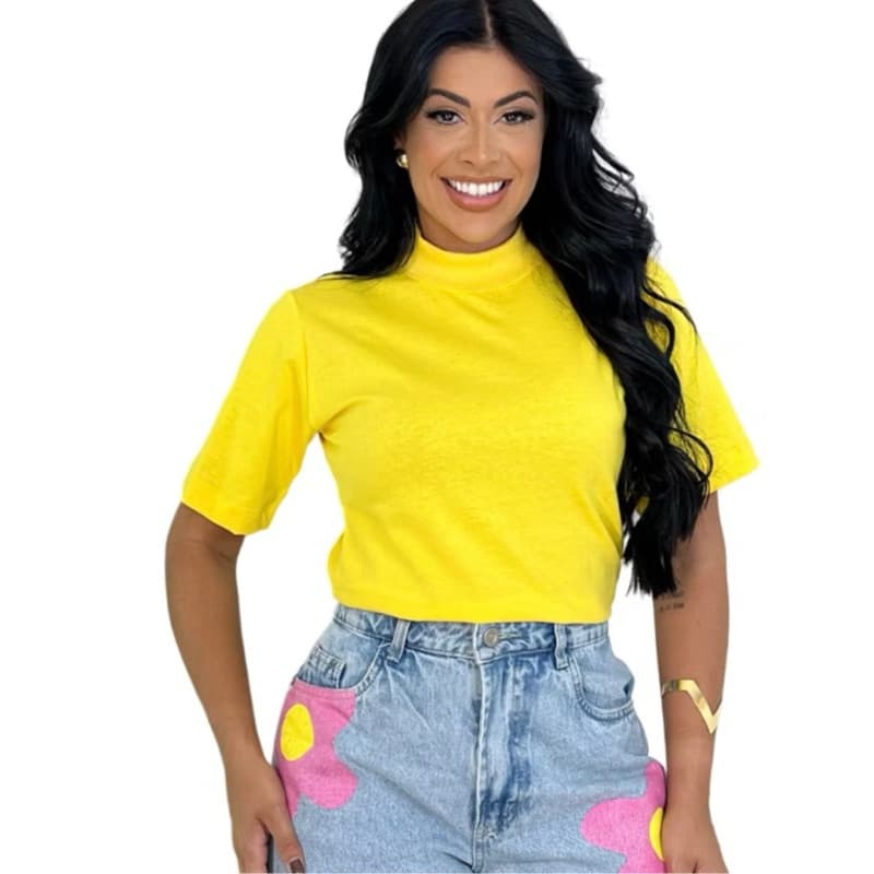 Blusa Feminina Gola Alta T-Shirt Camiseta Básica Lisa 100% Algodão