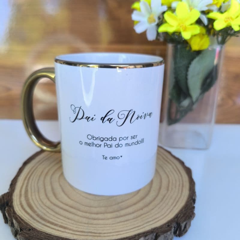 CANECA BORDA E ALÇA OURO PERSONALIZADA, CASAMENTO, BATIZADO, CORPORATIVO, PADRINHOS