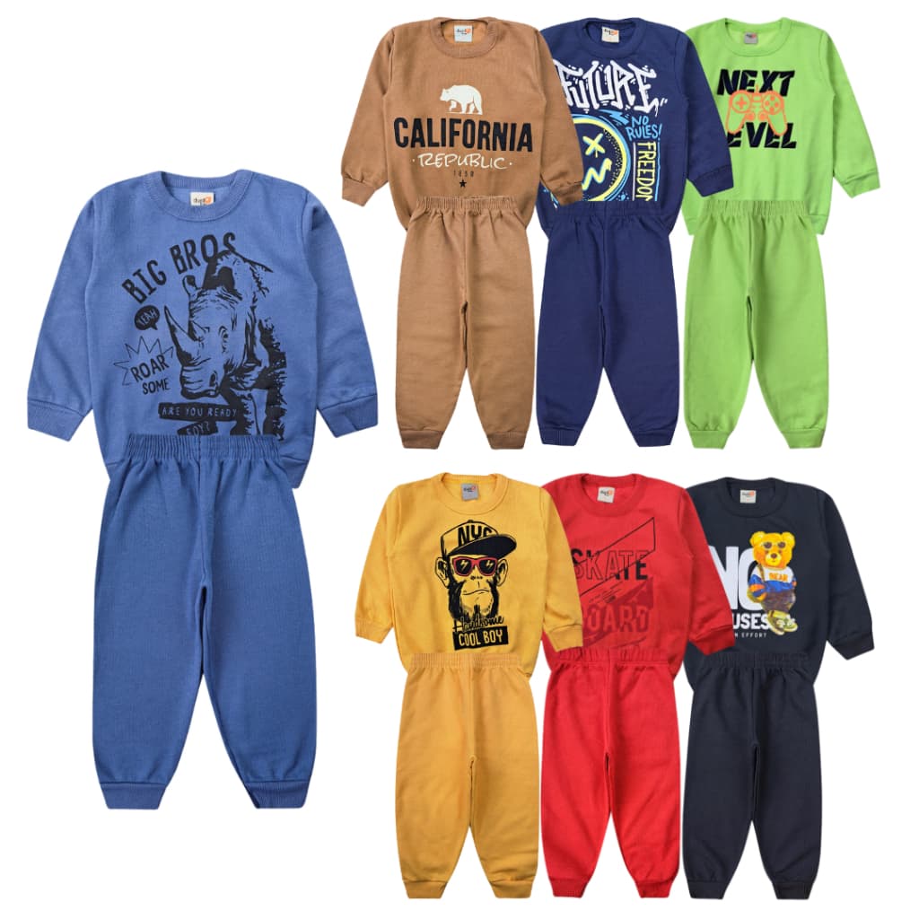 Kit 6 Peças de Roupas de Frio Infantil Inverno Agasalho Masculino – 3 blusas casacos + 3 calças Peluciado Menino