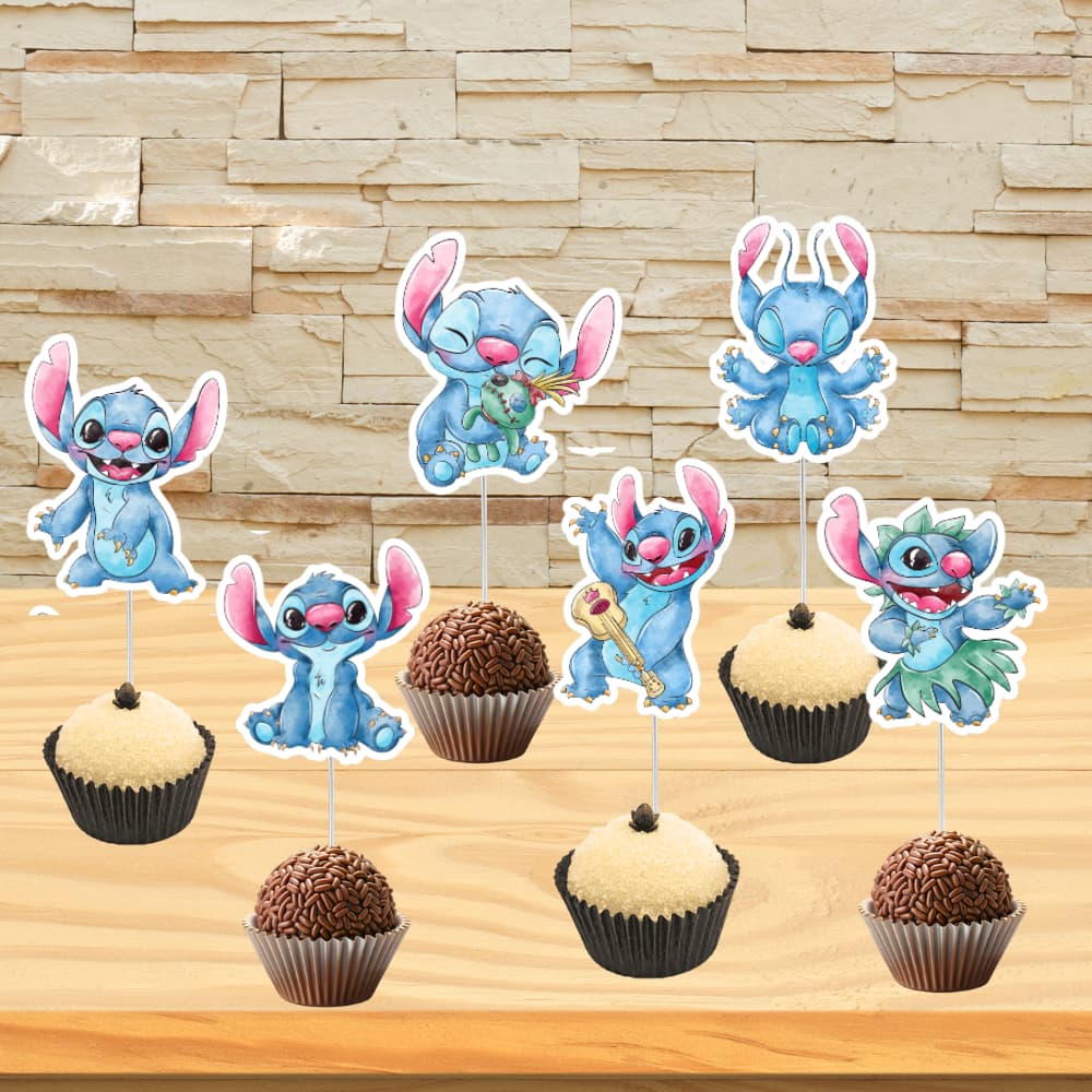 30 ou 60 Toppers de doces Stitch- Topper docinho Stitch aquarela - Topper cupcake Stitch