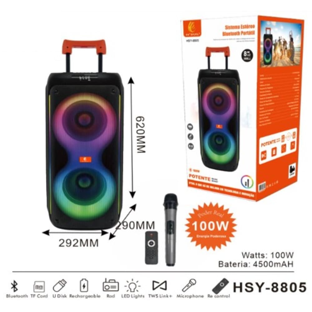Caixa de Som grande Bluetooth Torre Flame box DJ 100W RMS com microfone sem fio bass grave alto-falante com microfone