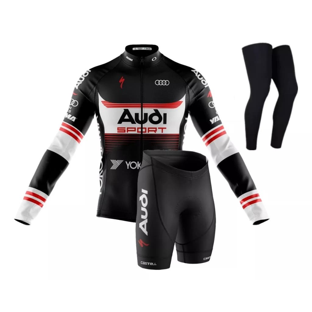 Conjunto Ciclismo Camisa Audi Manga Longa Bermuda Forro Gel 3D Pernito Proteção Uv Decole